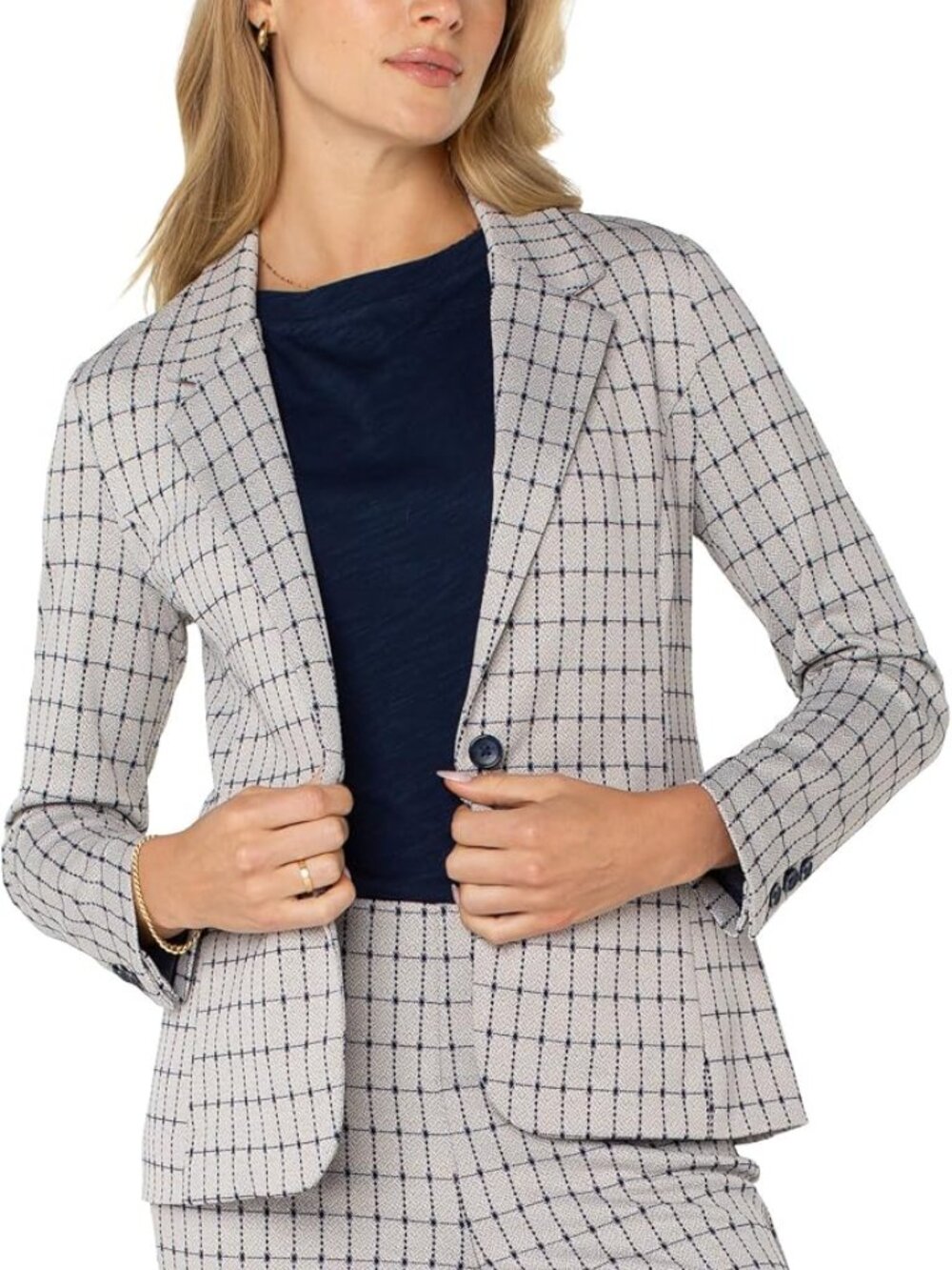 Liverpool Women's Fitted Blazer in Navy Taupe Grid Plus Size 1X Business Casual